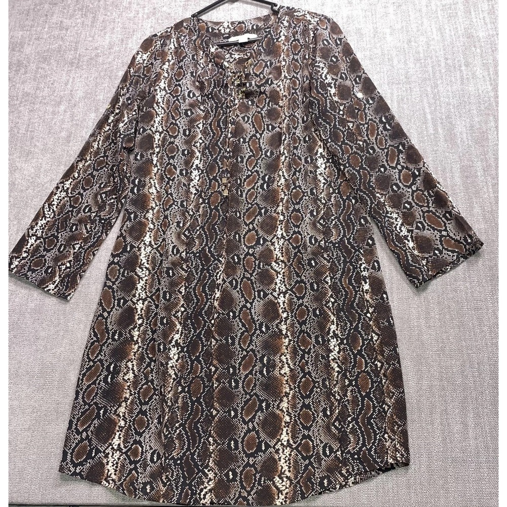 Michael Kors Tunic Dress Womens Medium Brown Snake Print Silk Lace Up V Neck
